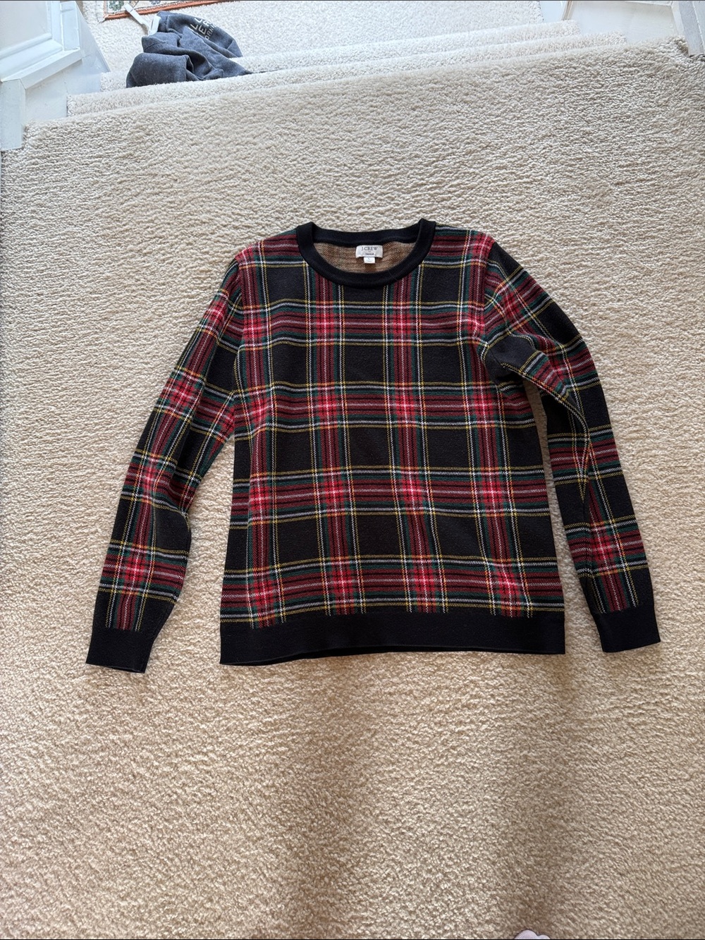 J. Crew Factory Black Plaid Crewneck Sweater with Red and Green